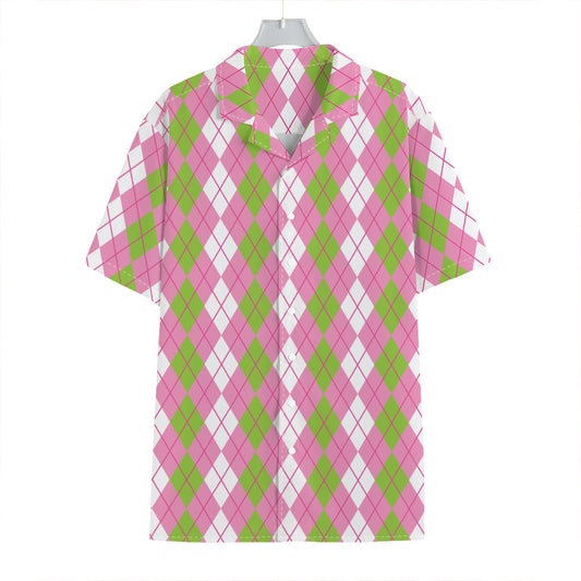 White Pink And Green Argyle Print Hawaiian Shirt