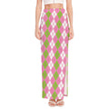 White Pink And Green Argyle Print High Slit Maxi Skirt