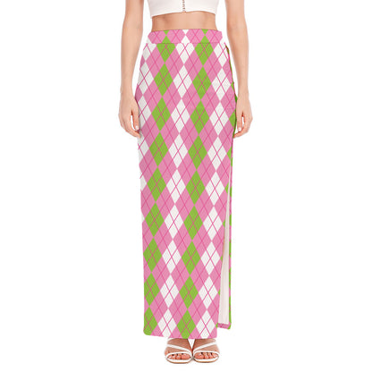 White Pink And Green Argyle Print High Slit Maxi Skirt