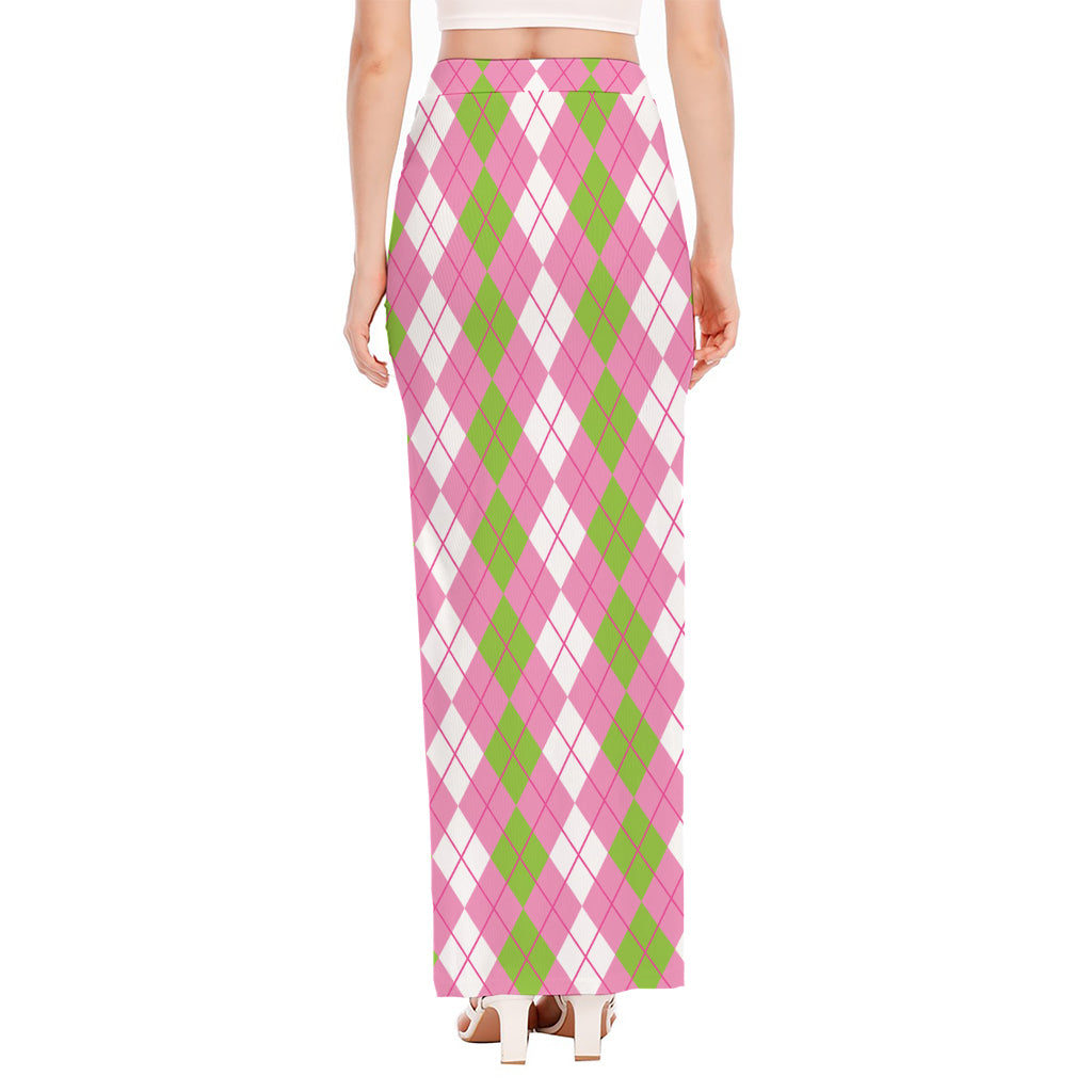 White Pink And Green Argyle Print High Slit Maxi Skirt