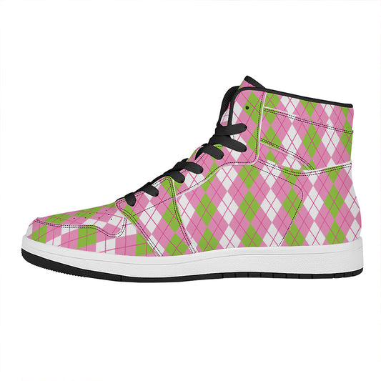 White Pink And Green Argyle Print High Top Leather Sneakers