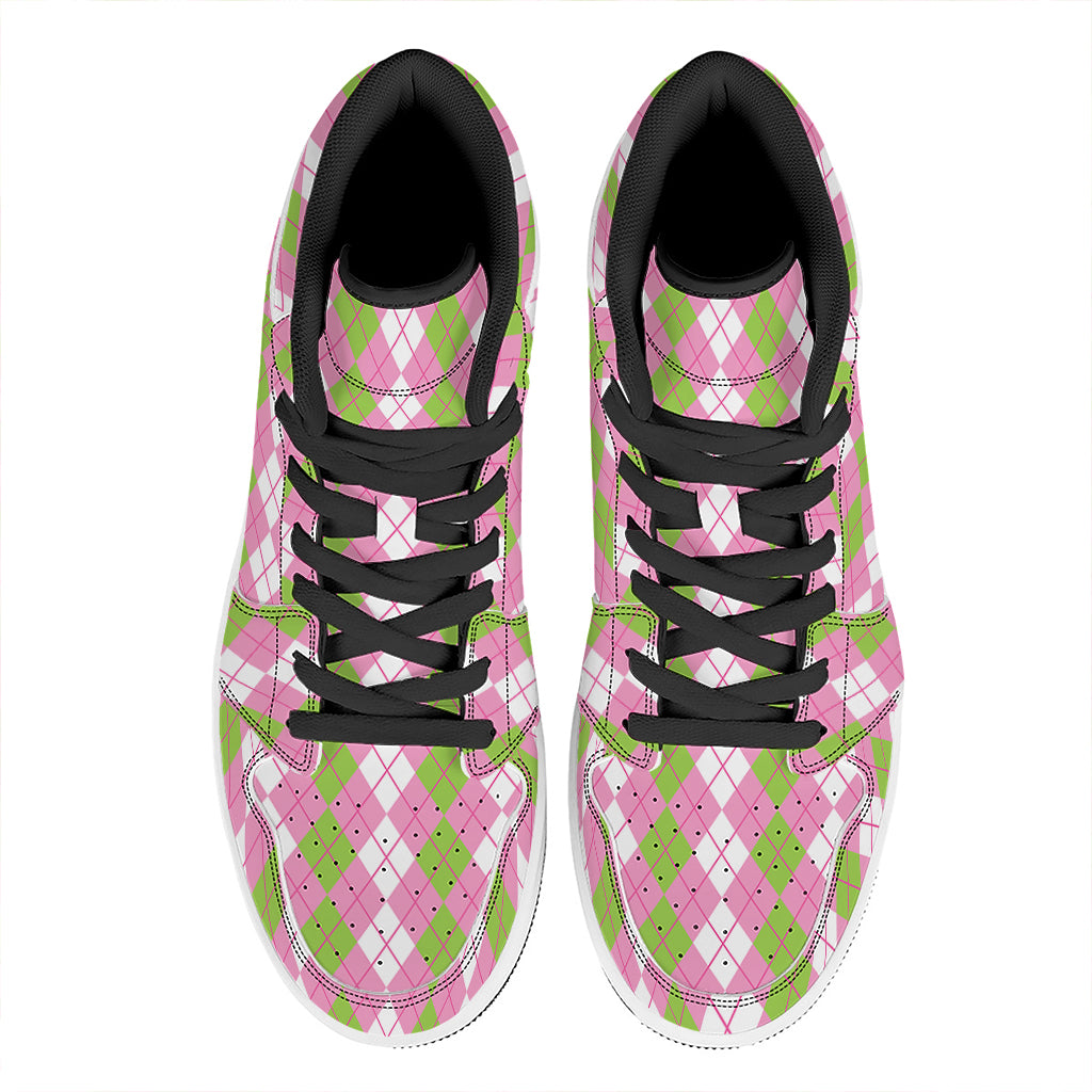 White Pink And Green Argyle Print High Top Leather Sneakers