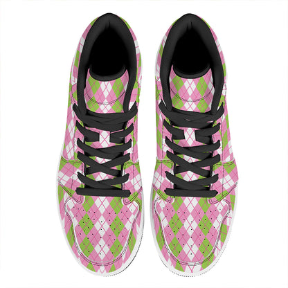 White Pink And Green Argyle Print High Top Leather Sneakers