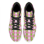 White Pink And Green Argyle Print High Top Leather Sneakers