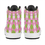 White Pink And Green Argyle Print High Top Leather Sneakers