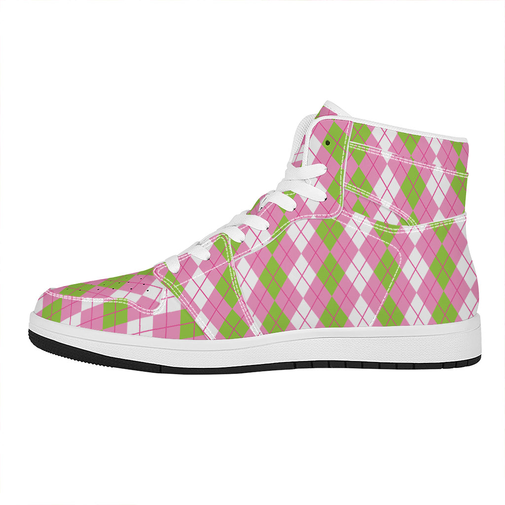 White Pink And Green Argyle Print High Top Leather Sneakers