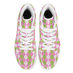 White Pink And Green Argyle Print High Top Leather Sneakers