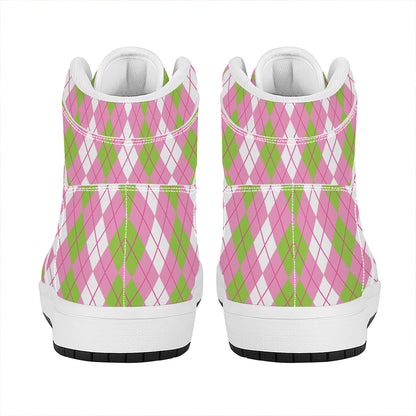 White Pink And Green Argyle Print High Top Leather Sneakers