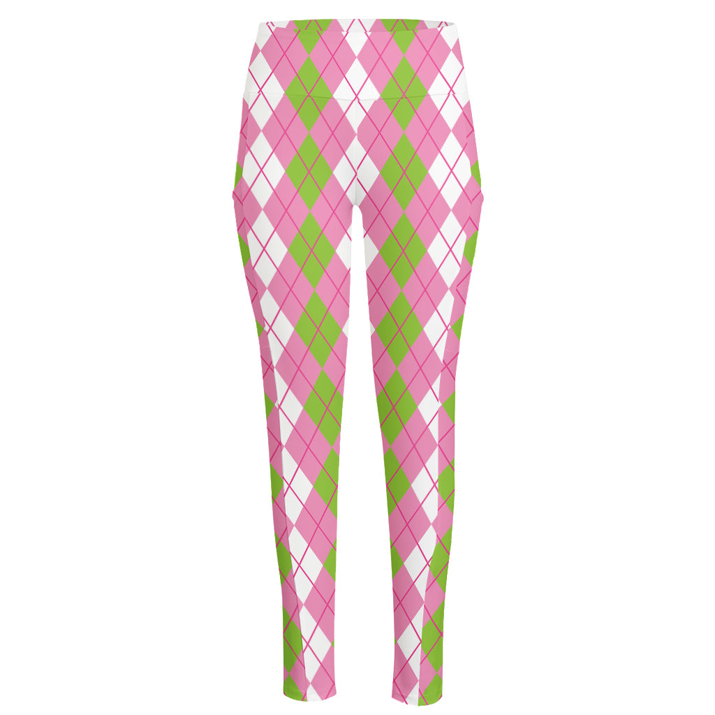 White Pink And Green Argyle Print High-Waisted Pocket Leggings