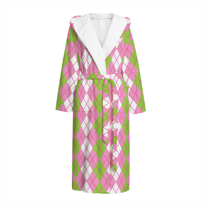 White Pink And Green Argyle Print Hooded Bathrobe