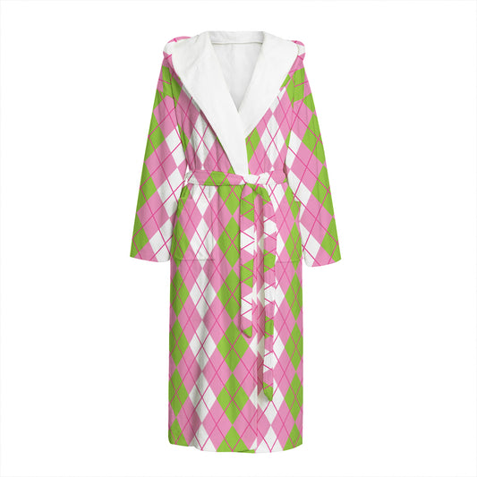 White Pink And Green Argyle Print Hooded Bathrobe