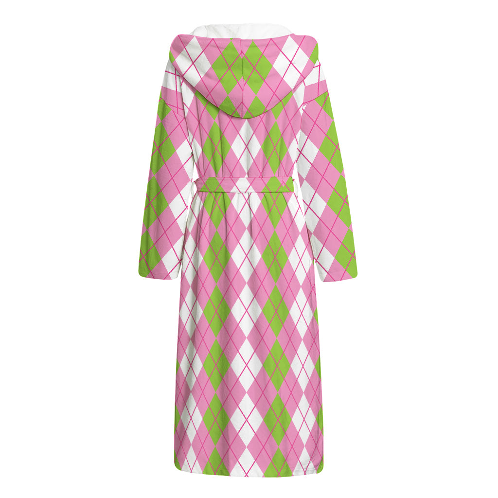 White Pink And Green Argyle Print Hooded Bathrobe