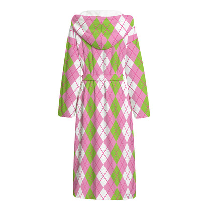 White Pink And Green Argyle Print Hooded Bathrobe
