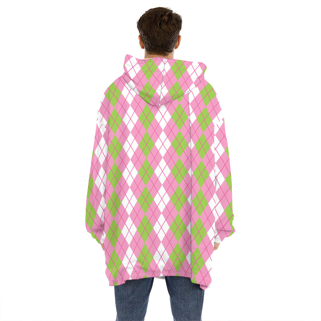 White Pink And Green Argyle Print Hoodie Blanket