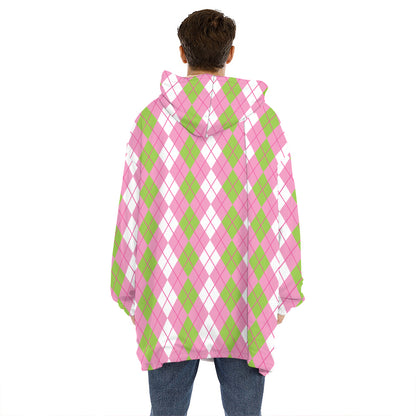 White Pink And Green Argyle Print Hoodie Blanket