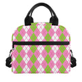 White Pink And Green Argyle Print Insulated Lunch Bag