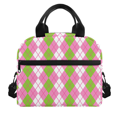 White Pink And Green Argyle Print Insulated Lunch Bag