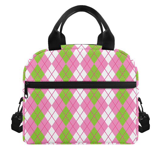 White Pink And Green Argyle Print Insulated Lunch Bag