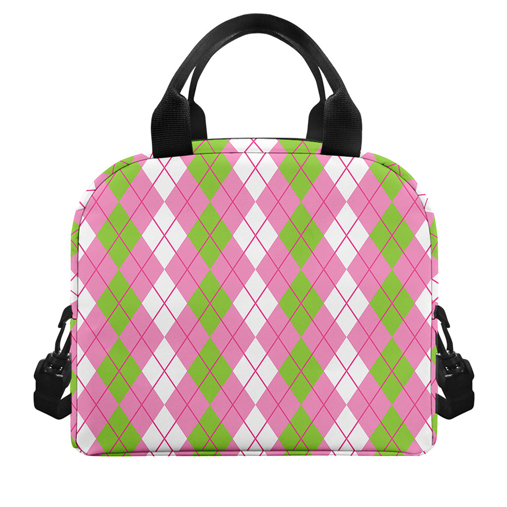 White Pink And Green Argyle Print Insulated Lunch Bag