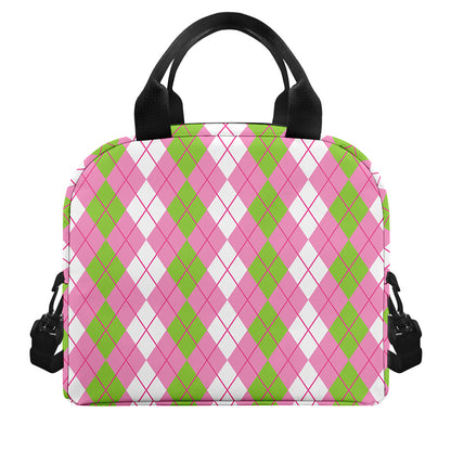 White Pink And Green Argyle Print Insulated Lunch Bag
