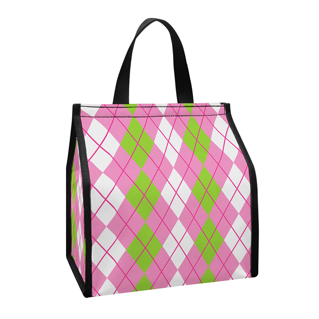 White Pink And Green Argyle Print Insulated Lunch Tote