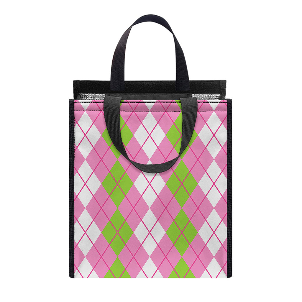 White Pink And Green Argyle Print Insulated Lunch Tote