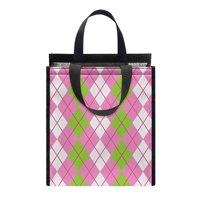 White Pink And Green Argyle Print Insulated Lunch Tote