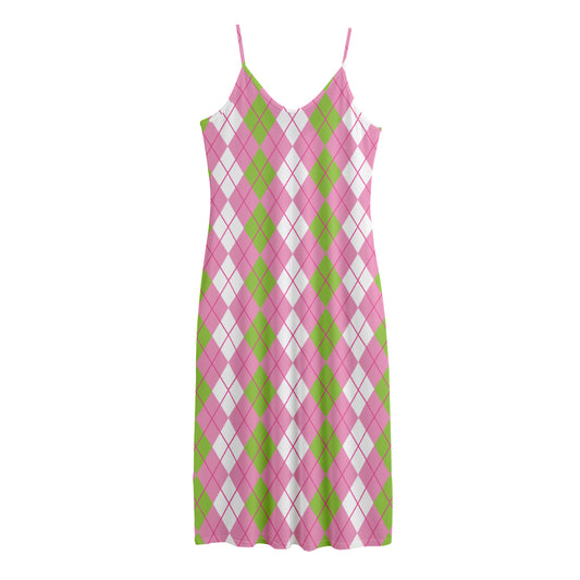 White Pink And Green Argyle Print Jersey Midi Cami Dress