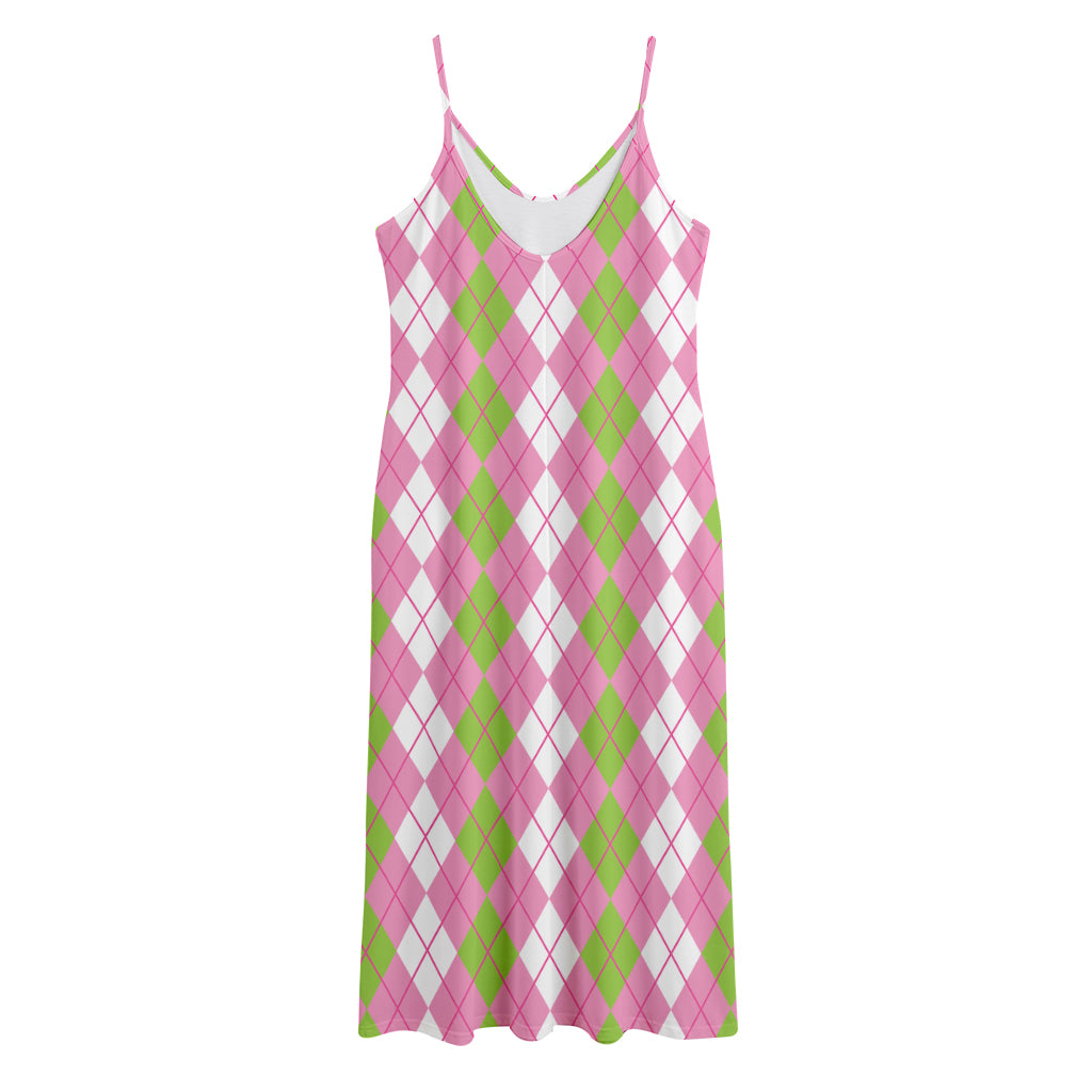 White Pink And Green Argyle Print Jersey Midi Cami Dress