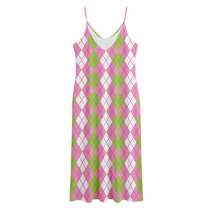White Pink And Green Argyle Print Jersey Midi Cami Dress