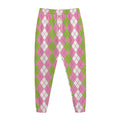 White Pink And Green Argyle Print Jogger Pants