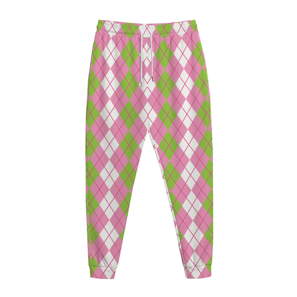 White Pink And Green Argyle Print Jogger Pants