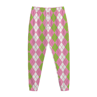 White Pink And Green Argyle Print Jogger Pants