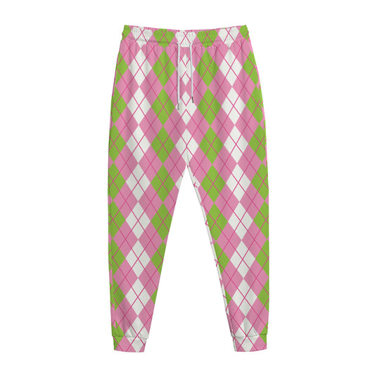 White Pink And Green Argyle Print Jogger Pants