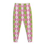 White Pink And Green Argyle Print Jogger Pants