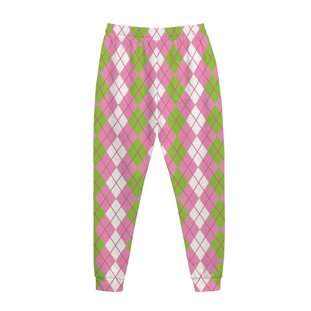 White Pink And Green Argyle Print Jogger Pants