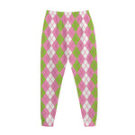 White Pink And Green Argyle Print Jogger Pants