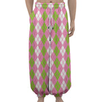 White Pink And Green Argyle Print Lantern Pants