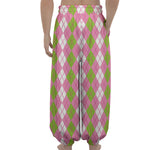 White Pink And Green Argyle Print Lantern Pants