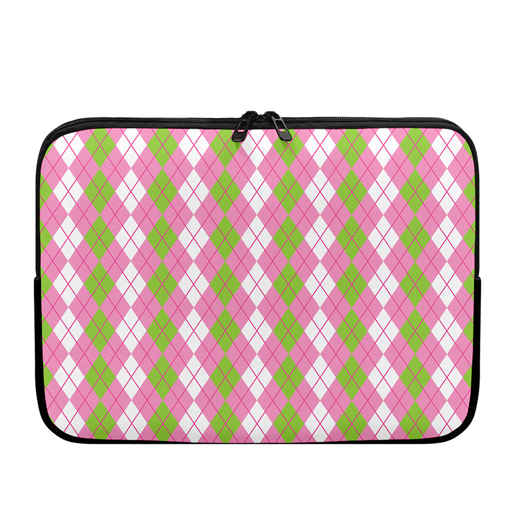 White Pink And Green Argyle Print Laptop Sleeve