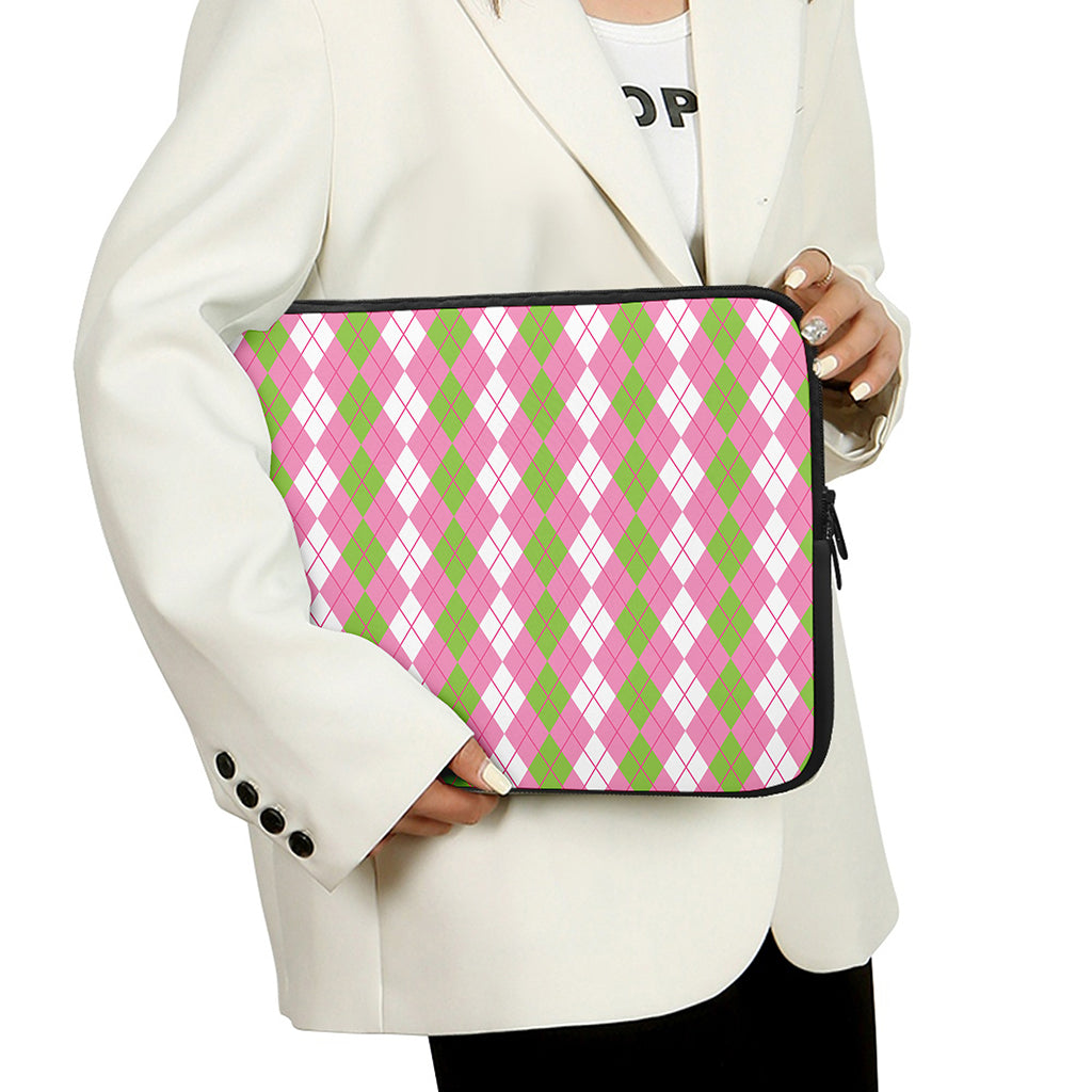 White Pink And Green Argyle Print Laptop Sleeve