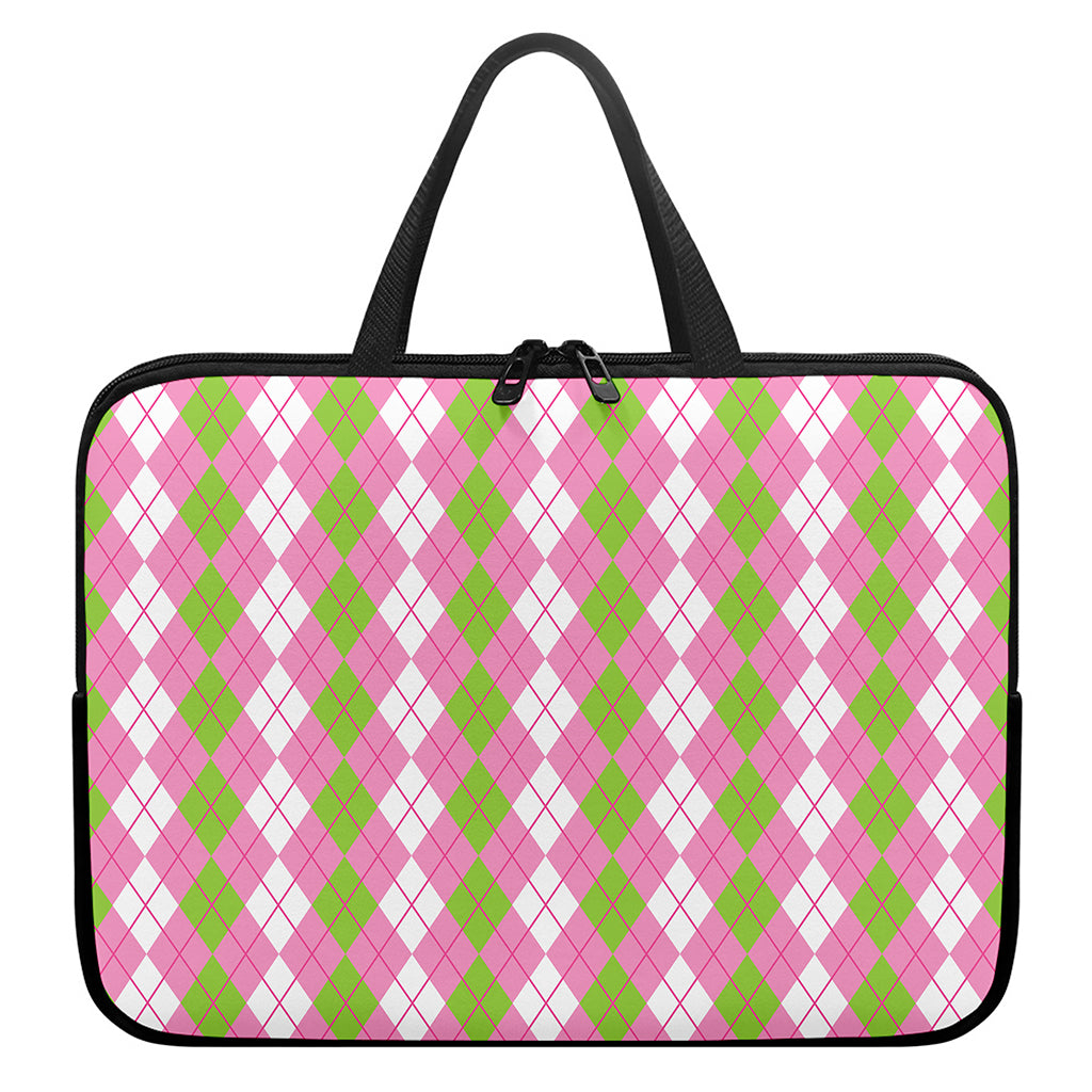 White Pink And Green Argyle Print Laptop Sleeve With Handle