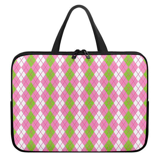 White Pink And Green Argyle Print Laptop Sleeve With Handle