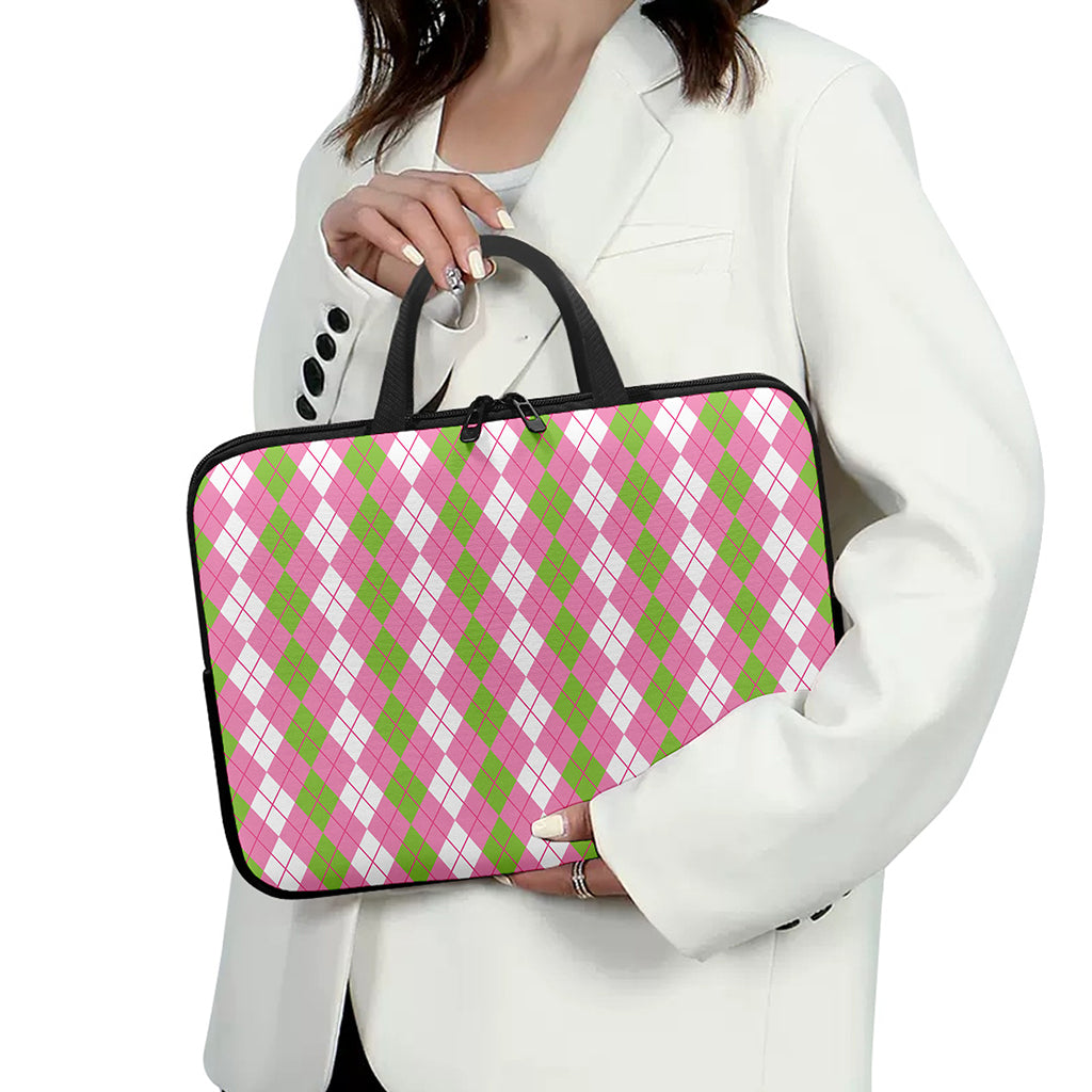 White Pink And Green Argyle Print Laptop Sleeve With Handle