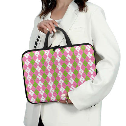 White Pink And Green Argyle Print Laptop Sleeve With Handle