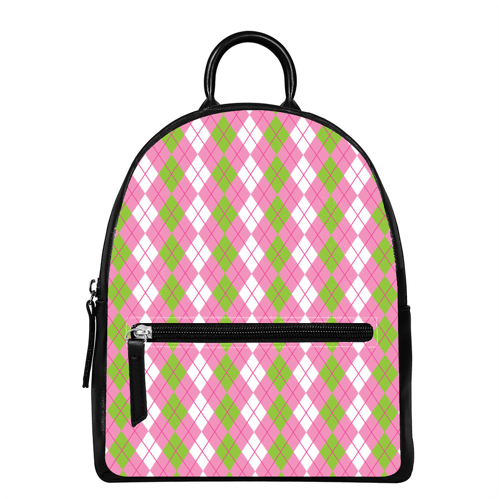 White Pink And Green Argyle Print Leather Backpack
