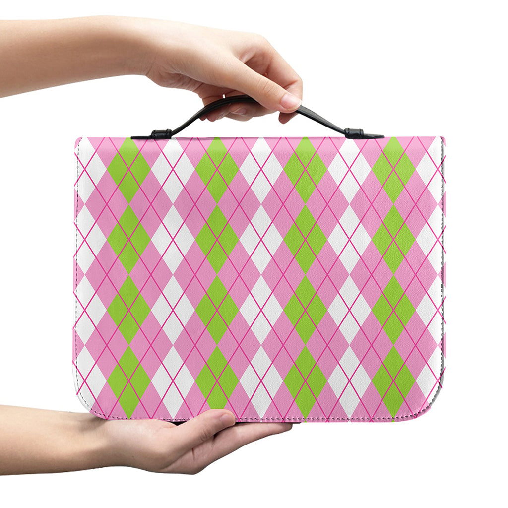 White Pink And Green Argyle Print Leather Bible Cover
