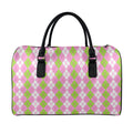 White Pink And Green Argyle Print Leather Duffel Bag