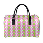White Pink And Green Argyle Print Leather Duffle Bag