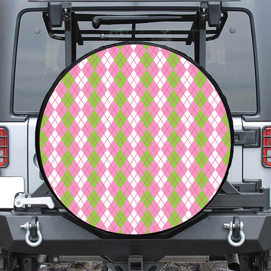 White Pink And Green Argyle Print Leather Spare Tire Cover